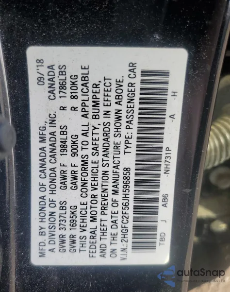 2018 Honda Civic Lx z USA, uszkodzony, nr VIN 2HGFC2F56JH596858